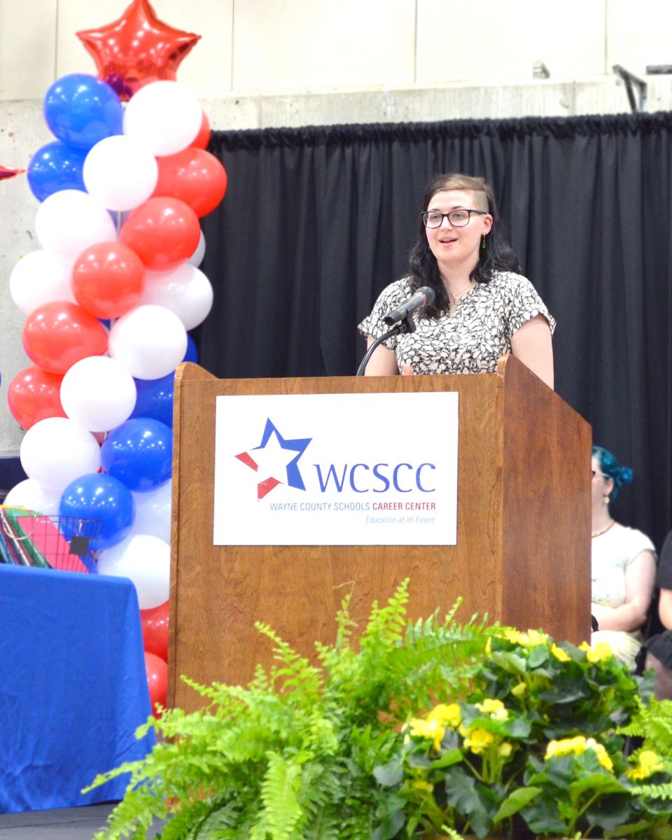 Lilie Haskins recalls her experience in a, “Year in Review” at the 2022 Wayne County Schools Career Center Senior Recognition Ceremony.